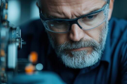 Man wearing Safety Glasses Performs Precise Manual Assembly photo