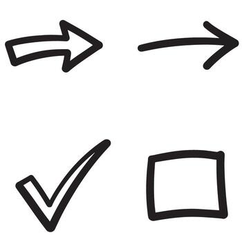 Hand drawn design elements including arrows tick checkmark and open square box for different concepts vector