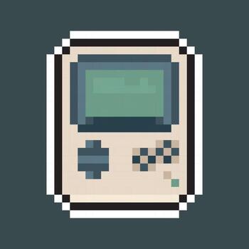 handheld retro game console in pixel art style with isolated background and outline vector