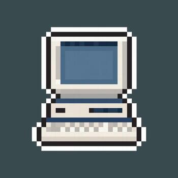 old computer in pixel art style with isolated background and outline vector