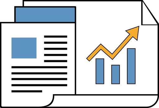 Illustration of two documents, one with text and a blue square, the other with a blue bar graph and an upward-pointing yellow arrow. vector