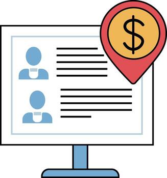 computadora pantalla mostrando usuario perfiles con texto y un ubicación alfiler icono demostración un dólar firmar, representando en línea Finanzas o inversión. vector