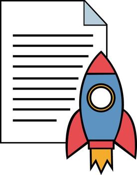 Illustration of a rocket ship launching beside a document with lines of text, symbolizing project startup or business growth. vector