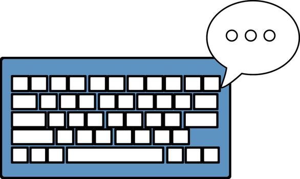 A blue keyboard with white keys and a speech bubble containing three dots, suggesting typing or thinking. vector
