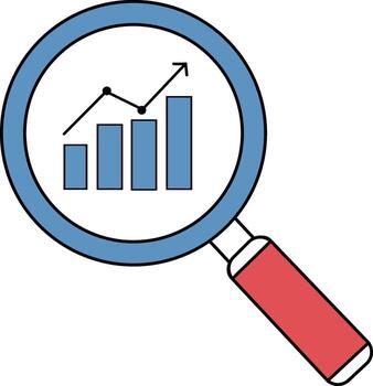 Magnifying glass focusing on an upward trending bar graph, symbolizing analysis, growth, and investigation. vector