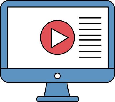 un azul computadora monitor muestra un con un rojo jugar botón y horizontal líneas indicando texto vector