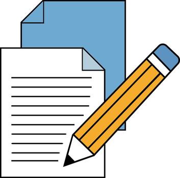Two sheets of paper, one blank and one with lines, with a yellow pencil lying across them. vector