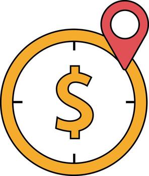 Illustration of a dollar sign inside a clock with a location pin, symbolizing time-based financial opportunities or services. vector
