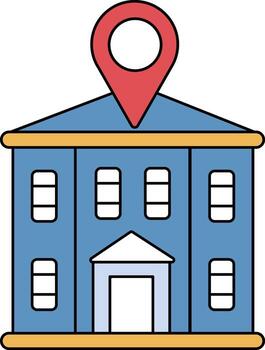 Blue building illustration with windows and a red location pin on top, against a white background. vector