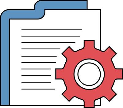 A blue file folder icon with lines representing text, overlaid with a red gear or cogwheel. vector