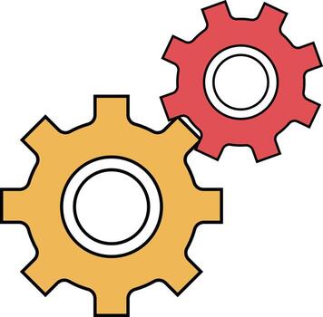 Two interlocking gears, one yellow and one red, symbolizing connection, teamwork, or a mechanical process. vector