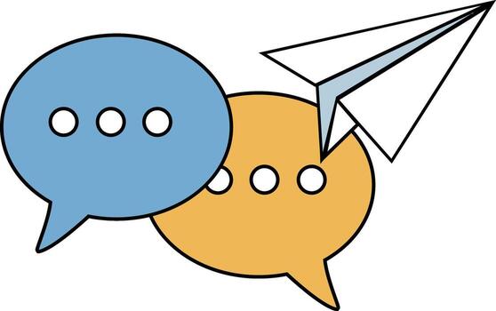 dos superposición habla burbujas, uno azul y uno naranja, con un papel avión volador fuera de a ellos. vector