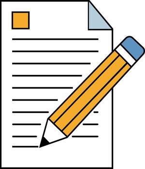 A yellow pencil writes on a sheet of lined paper with a folded corner. vector