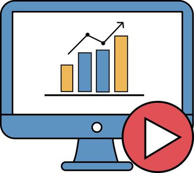 Computer monitor displaying a bar graph with an upward trending line, next to a red play button icon. vector