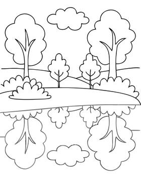 un sencillo línea dibujo de un pacífico paisaje con arboles y nubes vector
