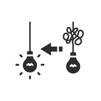 untangle and turn on lightbulb icon, solving a complex problem, process or understand idea, simple solution, flat symbol on white background - illustration vector
