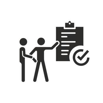 business discussing with client icon, manager customer, service employee, questionnaire or survey, advisor, exam test inspection, teamwork strategy, flat illustration vector