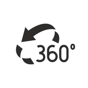 icon of 360 degree rotate, full arrow circle, 3d view, overview turn, virtual reality, flat illustration vector