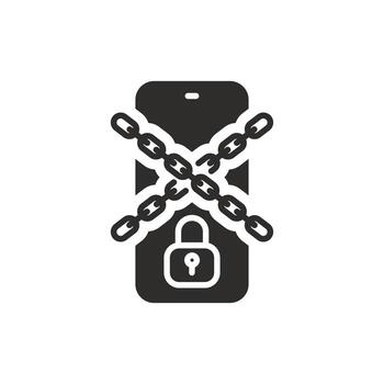 digital censura icono, social medios de comunicación bloqueo, teléfono con cerrar con llave, desconectar o límite Internet, prohibición cadena, plano símbolo en blanco antecedentes - ilustración vector