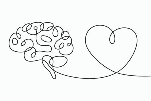 Brain and heart connected by single line isolated on white background vector