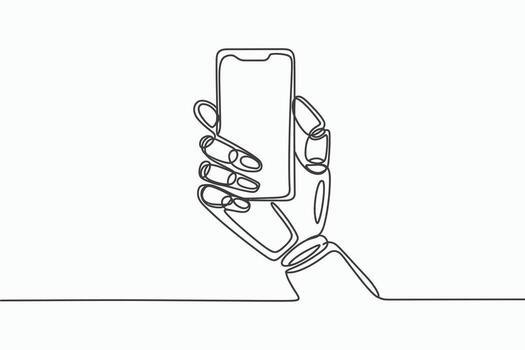 Robot hand holding a smartphone continuous line art isolated on white background vector
