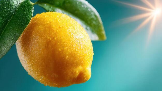 Sunbeam highlighting wet lemon resting on teal surface, background droplets water with soft bokeh blurring glistening photo