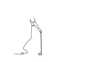 animato se stesso disegno di continuo linea disegnare maschio giocatore nel indirizzo posizione, piegato al di sopra di e focalizzata su il sfera, raffigurante intenso concentrazione. potente tee sparo. pieno lunghezza singolo linea animazione video