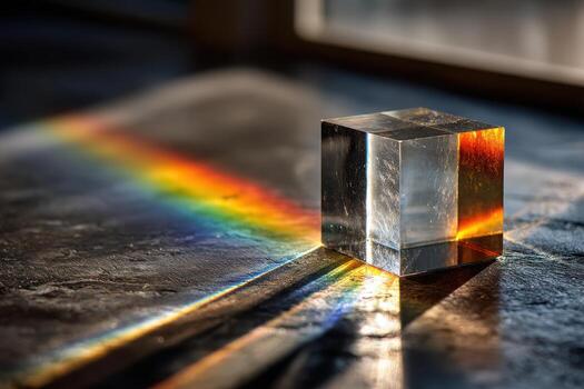 Colorful prism refracting light into a vibrant rainbow display photo