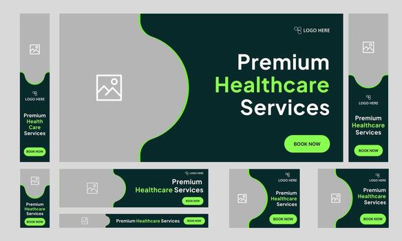Daily best healthcare services web set banner design for social media post, daily medical services web bundle banner design, fully customizable eps 10 file format vector