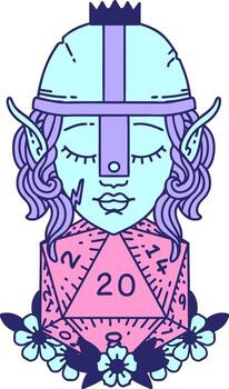 Retro Tattoo Style elf fighter with natural twenty dice roll in bright neon color vector