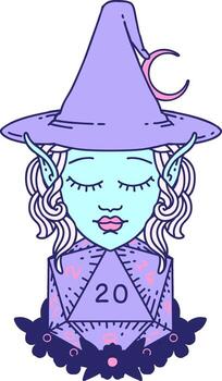 Retro Tattoo Style elf mage character with natural twenty dice roll in bright neon color vector