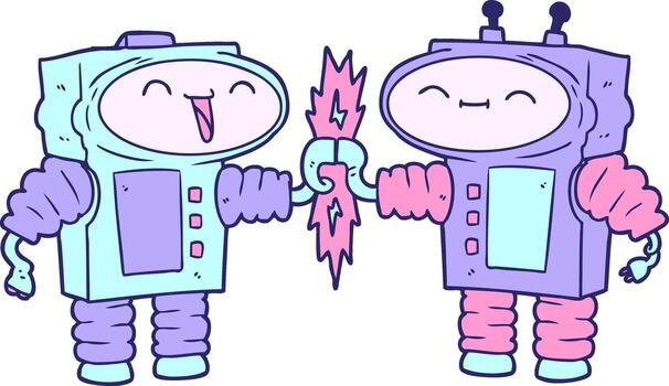 Two robots holding hands with a lightning bolt vector
