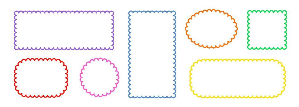 Border frame scallop edge rectangle, oval, round border. Wave scallop squiggle cute simple rectangle border set. Simple wavy squiggly line retro photo picture frame. vector