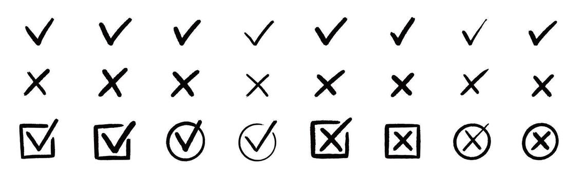 Check the mark icon set. Hand drawn doodle checklist correct, cross, ok vote sign element. Hand drawn brush stroke check mark with box, circle symbol icon set. vector