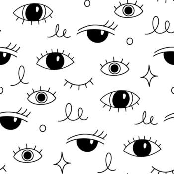 Eye doodle seamless pattern. Hand drawn doodle sketch background. Open, wink eyes minimal seamless pattern. Abstract pop beauty background. vector