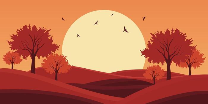 otoño paisaje con vistoso colinas y arboles plano diseño. vector