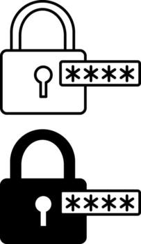 Password Icons. Black and White Illustration. Padlock and Hidden Code. Secret Combination of Letters and Symbols to Access Data or a Computer Program. Data Security and Protection Concept vector