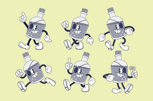 un conjunto de seis diferente poses de un dibujos animados botella personaje, dibujado en un clásico, Clásico estilo. el personaje tiene un contento rostro, un oscuro parche terminado uno ojo, y es mostrado caminando y gesticulando vector
