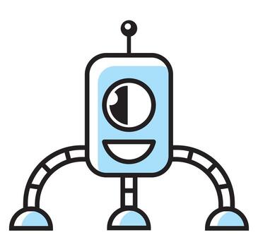 un simple, línea dibujada robot personaje con un ligero azul cuerpo, uno grande ojo, y Tres piernas. el simpático y moderno personaje es un Perfecto icono o mascota para tecnología y creativo proyectos vector