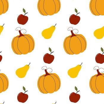Design featuring colorful pumpkins, apples, and pears arranged in a lively pattern against a white background vector
