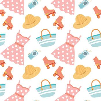 Summer seamless pattern with roller skates, dress, hat, camera on a white background. Summer background. Design for textiles, wrapping paper, notebooks, notepad. vector