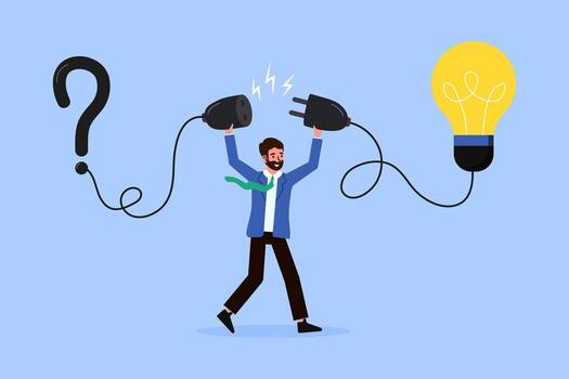 Businessman connects question mark to lightbulb solution. Solving tough challenges with innovation for business success. vector