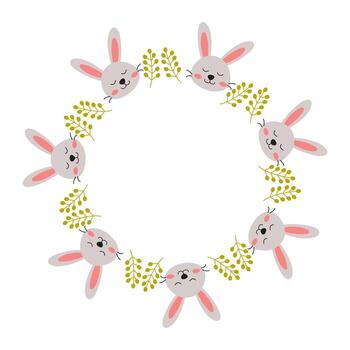 Round frame Cute bunny faces arranged in a circular pattern with greenery for a festive or playful design element vector