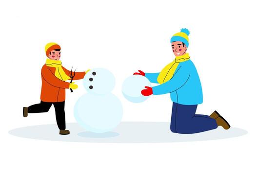 Son and father build a snowman and feel happy. Boy and man making a snowman. illustration in flat style on a white background. vector