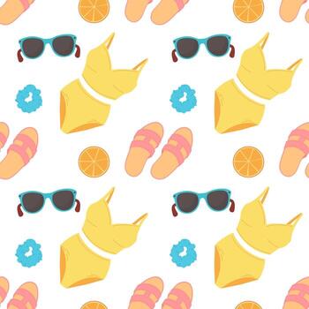 verano sin costura modelo con traje de baño, naranja, y Gafas de sol en un blanco antecedentes. verano antecedentes. diseño para textiles, envase papel, cuadernos, bloc. vector