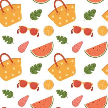 verano sin costura modelo con sandía, naranja, y Gafas de sol en un blanco antecedentes. verano antecedentes. diseño para textiles, envase papel, cuadernos, bloc. vector