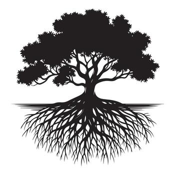 Black silhouette of a large tree with extensive root system on white background roots nature vector