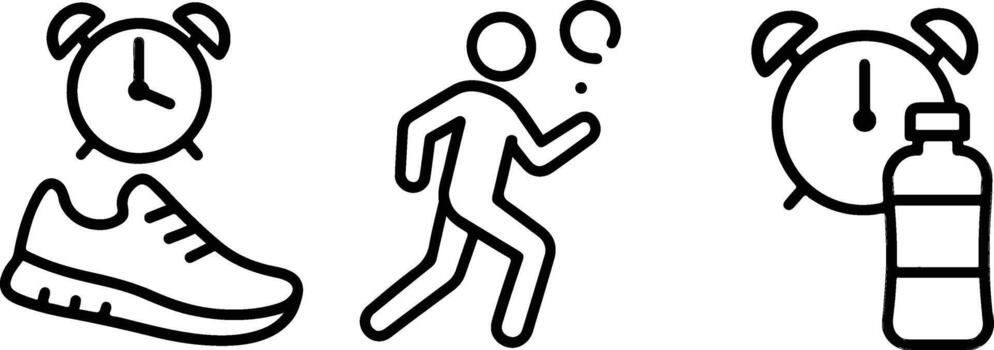 un negro y blanco dibujo de un persona correr, un reloj, y un botella vector