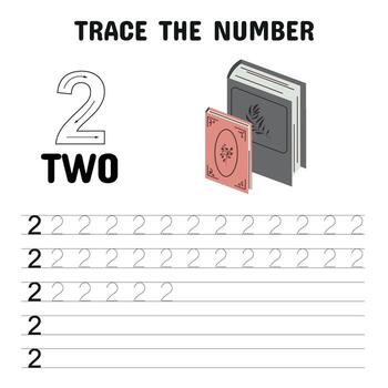 Educational number tracing worksheet for kids featuring the number 2 with books illustration. Helps children learn to write and recognize the number two. vector