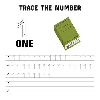 número 1 rastreo hoja de cálculo con verde libro ilustración para niños aprendizaje a contar vector